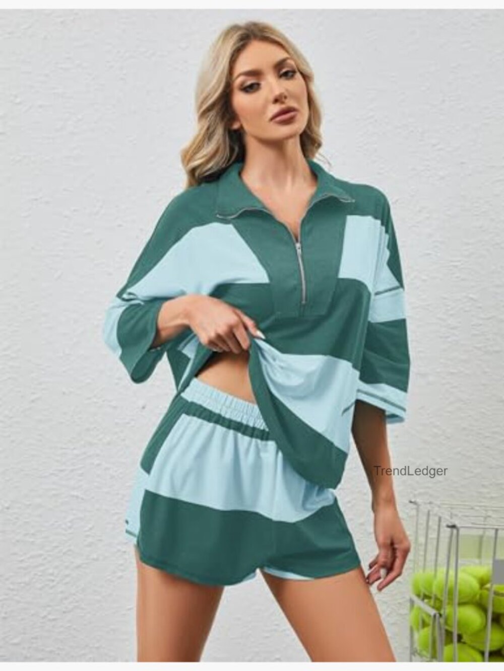 Oversized Striped Lounge Set with Elastic Shorts and Half Zip Tee - Picture 3 of 7